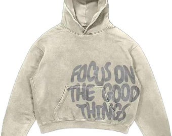 Focus on Good Things Hoodie, Överdimensionerad Acid Wash Hoodie, Gotisk Streetwear, Minimalistisk Design