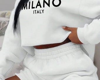 Milano Italien Stort vitt loungeset med sweatshirt och shorts, streetwear-träningsoverall