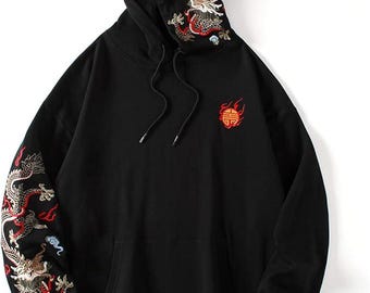 Streetwear Drakebroderad Kraftig Huvtröja, Avslappnad Passform Bomullsfleece