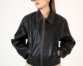 Vintageinspirerad brun läderjacka | Överdimensionerade boxiga damkläder