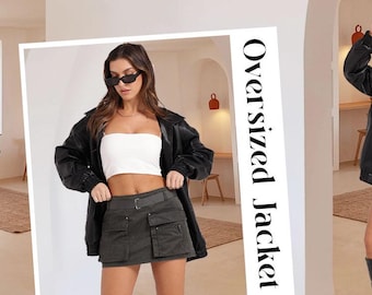 Läderbikerjacka för kvinnor, oversized retrostil, avslappnad