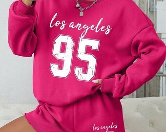 Rosa Los Angeles '95 tröja och shorts set, specialdesignad text och siffror