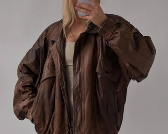 Överdimensionerad retro sliten 1980-talsstil brun vintage handgjord äkta läderjacka lös passform boxig läderkappa, dam streetwear