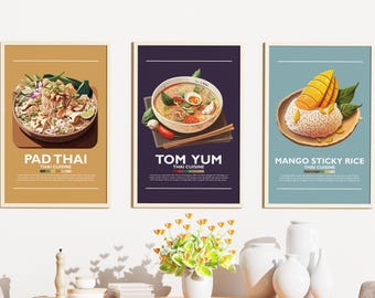 Ensemble d'impressions d'art cuisine thaïlandaise : pad thaï, Tom Yum, riz à la mangue (téléchargement numérique)