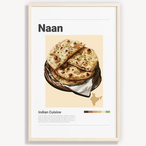 May include: A framed print featuring a stack of naan bread on a wooden plate, with the word "Naan" at the top. The words "Indian Cuisine" are at the bottom, along with a map of India.