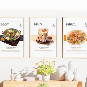 Set of 3 Minimalist Philippines Food Poster Bundle | Wall Art Decor | Digital Prints Poster Taho, Pancit, Bulalo