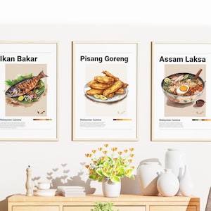 Malaysian Food Art Prints: Ikan Bakar, Assam Laksa, Pisang Goreng (Digital Download)