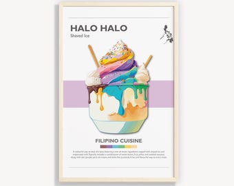 May include: A colorful illustration of a Filipino dessert called Halo Halo. It features shaved ice topped with sweet ingredients like beans, fruits, and condensed milk. The text "Halo Halo" and "Shaved Ice" is at the top of the image. The text "Filipino Cuisine" is at the bottom of the image.