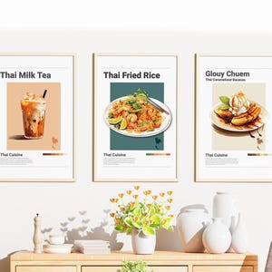 Thai Food Art Prints: Milk Tea, Fried Rice, Bananas (Digital Download)