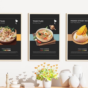Thai Food Poster Bundle | Set of 3 | Wall Art Decor | Minimalist Digital Prints | Pad Thai, Tom Yum, Mango Sticky Rice | Art Illustration