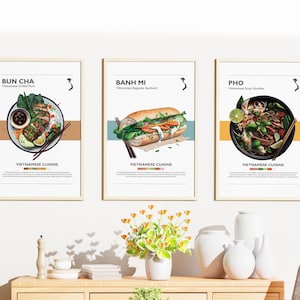 Vietnamese Food Poster Bundle | Set of 3 | Wall Art Decor | Minimalist Digital Prints | Pho, Bun Cha, Bahn Mi | Art Illustration