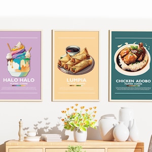 Philippines Food Poster Bundle | Set of 3 | Wall Art Decor | Minimalist Digital Prints | Chicken Adobo, Lumpia, Halo Halo | Art Illustration
