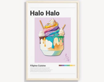 May include: A colorful illustration of a Filipino dessert called Halo Halo. The dessert is a shaved ice dessert with a variety of toppings, including beans, jellies, fruits, and leche flan. The illustration is set against a purple background with the text "Halo Halo" and "Filipino Cuisine" in white.