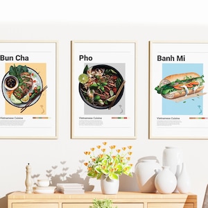 Vietnamese Food Poster Bundle | Set of 3 | Wall Art Decor | Minimalist Digital Prints | Pho, Bun Cha, Bahn Mi | Art Illustration