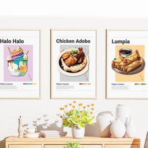 Philippines Food Poster Bundle | Set of 3 | Wall Art Decor | Minimalist Digital Prints | Chicken Adobo, Lumpia, Halo Halo | Art Illustration