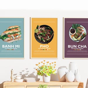 Vietnamese Food Poster Bundle | Set of 3 | Wall Art Decor | Minimalist Digital Prints | Pho, Bun Cha, Bahn Mi | Art Illustration