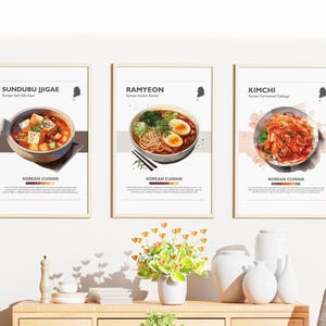 Korean Food Art Prints: Kimchi, Ramyeon, Sundubu-Jjigae (Digital Download)