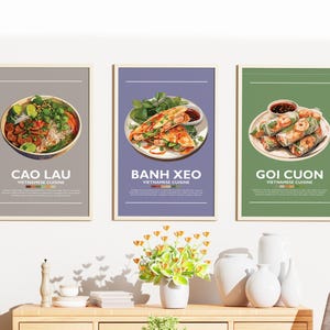 Vietnamese Food Poster Bundle | Set of 3 | Wall Art Decor | Minimalist Digital Prints | Cao Lau, Banh Xeo, Goi Cuon
