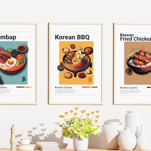 Conjunto de 3 pósteres minimalistas de comida coreana, decoración de pared, impresiones digitales, pollo frito, bibimbap, barbacoa coreana, ilustración artística.