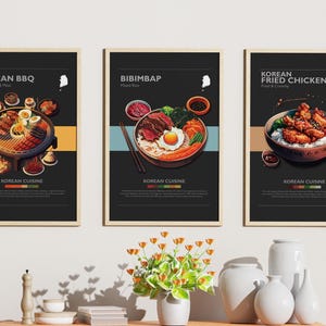 3er Set Minimalistisches koreanisches Essen Poster Bundle dunkel | Wand Kunst Dekor | Digitale Drucke | Brathähnchen, Bibimbap, KBBQ | Kunst Illustration