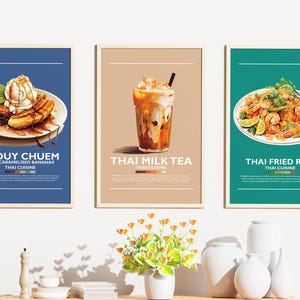 Thai Food Art Print Set: Milk Tea, Fried Rice, Bananas (Digital Download)