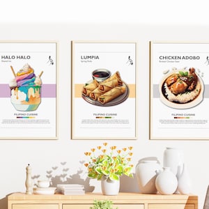 Philippines Food Poster Bundle | Set of 3 | Wall Art Decor | Minimalist Digital Prints | Chicken Adobo, Lumpia, Halo Halo | Art Illustration
