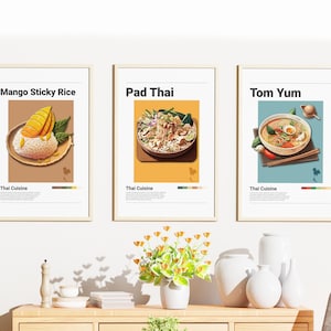 Conjunto de impressões artísticas de comida tailandesa: Pad Thai, Tom Yum, Arroz de manga (download digital)