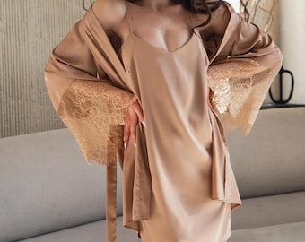 Mocha Beige Silk Nightgown and Peignoir Set - Elegant Silk Lace Robe for Bridesmaids