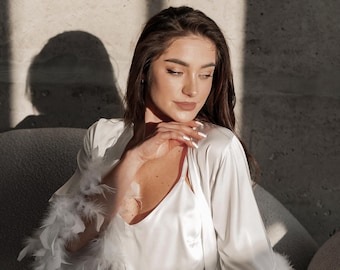 Elegant White Lace Robes for Bridesmaids - Silk Lace Bridal Party Robes - Silk Pajamas and Robe Set