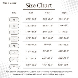 May include: Size chart for clothing with measurements in inches for bust, waist, and hips. Sizes include XS, S, M, L, XL, XXL, 3XL, and 4XL.