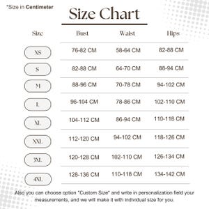 May include: A white size chart with black text, listing bust, waist, and hip measurements in centimeters for sizes XS to 4XL. The chart includes a note about custom sizing options.