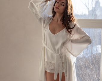 White Silk Robe for Bridesmaids - Silk Lace Bridal Party Robes - White Lace Pajamas and Robe Set