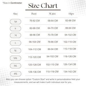 May include: Size chart for clothing in centimetres. The chart shows sizes XS to 4XL with corresponding bust, waist, and hip measurements.