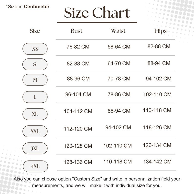 May include: Size chart for clothing in centimetres. The chart shows sizes XS to 4XL with corresponding bust, waist, and hip measurements.