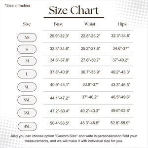 May include: A size chart in inches, with bust, waist, and hip measurements for sizes XS to 4XL. The chart includes measurements like 29.9"-32.3" for the bust in XS. The text "Size Chart" is at the top.