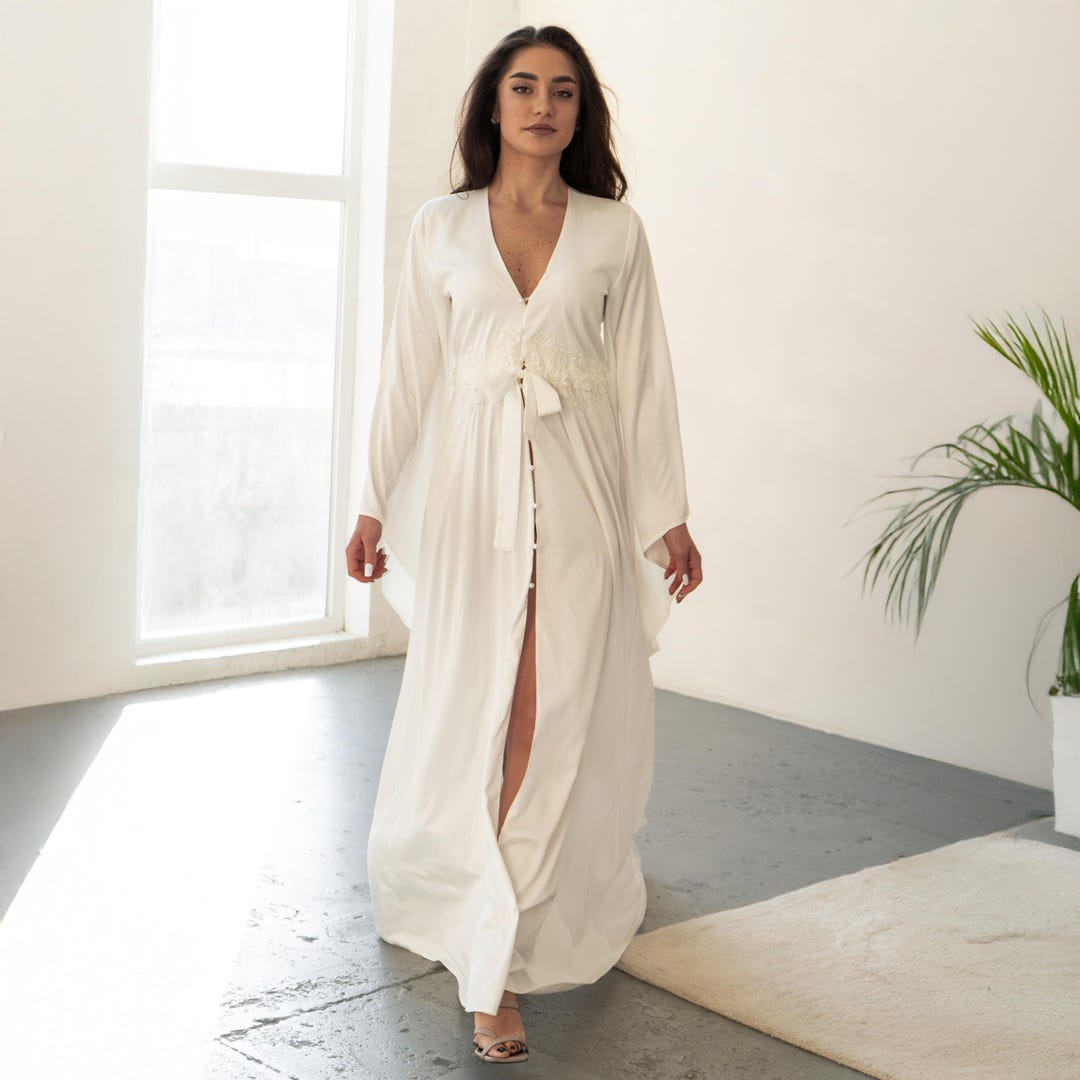 Pure White Robe White Silk Kimono Robe - Luxurious Floor Length Bridal Robe - White ...