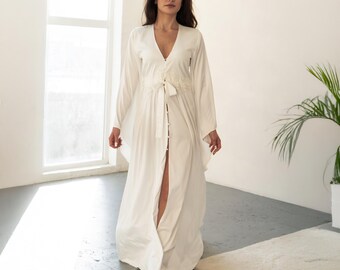 White Silk Kimono Robe - Luxurious Floor Length Bridal Robe - White Sheer Robe with Train - Best Gift for Honeymoon