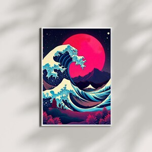 Poster retrò, geek, colorato, ispirazione onde giapponesi, paesaggio giapponese, Hokusai, originale, effetto neon