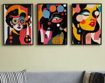 3 carteles decorativos, tríptico, arte de pared imprimible, arte colorido, decoración, cartel imprimible, cartel colorido, arte, mujeres coloridas, impresión