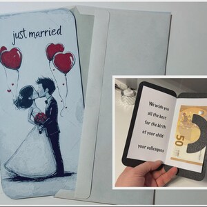 3D Hochzeitskarte Just Married | Karte mit Geldscheinhalter | Brautpaar Illustration | PLA 3D-Druck | Hochzeit Geschenk modern
