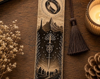 Fantasy bookmark made of 3.2 mm solid wood | Hardwood bookmark with ring, sword & mountains | Gift for fantasy fans