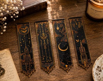 Magisches Lesezeichen Set – Schwarz Gold Bookmark | Dark Academia | Sterne Mond Magie | Booktok Geschenk