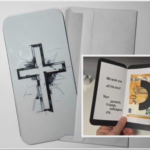 Carte de vœux 3D religieuse | Carte cadeau neutre avec porte-billets | Croix, calice et colombe | Impression 3D PLA