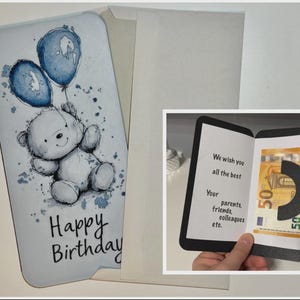 Cartão de aniversário 3D para crianças | Ursinho com balões | Feliz aniversário | Porta-notas | Cartão PLA sem envelope