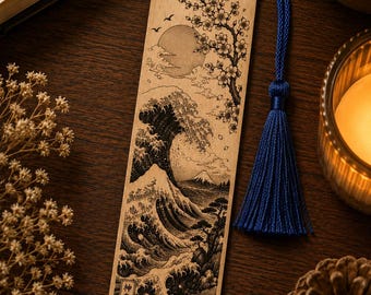 Japanese Wave Wooden Bookmark made of 3.2 mm solid wood | Maple & Mahogany hardwood | Cherry blossoms | Gift for book lovers