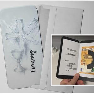 Carte de vœux de confirmation 3D | Carte cadeau avec porte-billets | Motif religieux | Impression 3D PLA | Moderne et fait main
