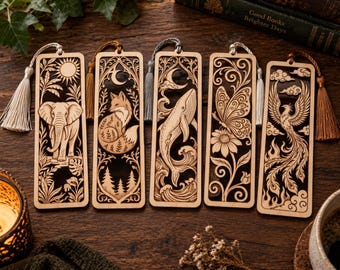 Animal wooden bookmarks made of real wood – elephant, fox, whale, butterfly or phoenix – maple, mahogany or black stained – gift for readers