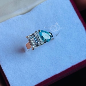Aquamarine & Moissanite, Ring, Toi Et Moi Ring Two Stone Ring, Handmade Ring, 925 Sterling Silver, Engagement Ring, Gift For Girlfriend/Wife
