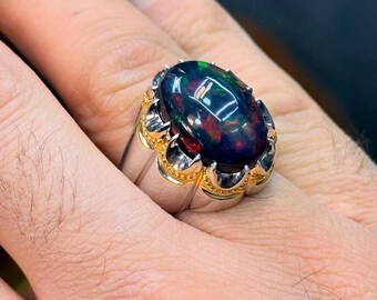 Etiopisk svart opalring: Oval sterlingsilver, handgjorda smycken