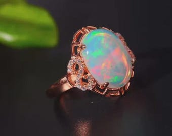 Ethiopian Opal Ring: Oval Cabochon, 925 Sterling Silver, October Birthstone